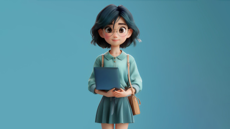 3D卡通女生拿着电脑办公