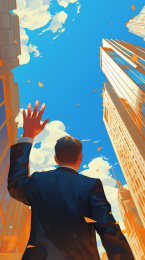 一个商务男仰望天空，向天空招手