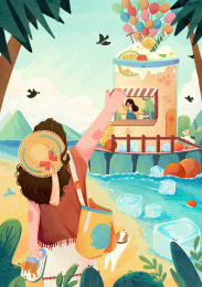 女生在沙滩度假