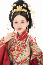 白色背景下穿着中国明朝明制汉服服饰的女性