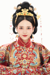 白色背景下穿着中国明朝明制汉服服饰的女性