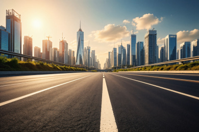 宽阔无人的沥青街道与现代城市建筑群