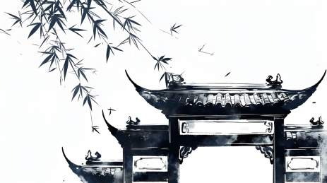 中式水墨风徽式建筑插画