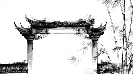 中式水墨风徽式建筑插画