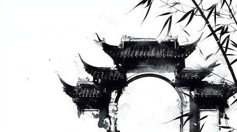 中式水墨风徽式建筑插画
