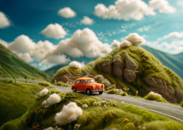 毛毡风格场景-野外马路上的橙色小汽车
