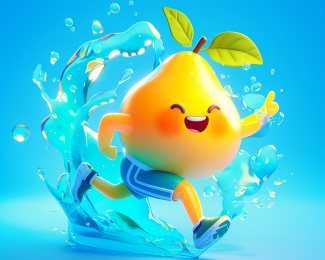 奔跑的鸭梨蓝色水花水珠凉爽夏天三维插画