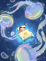 蓝色水母下妈妈哄宝宝睡觉