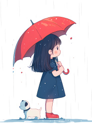 可爱卡通插画打雨伞的女孩带着一只小狗