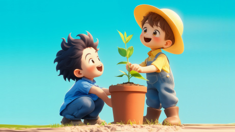 两个3D卡通男生在植树