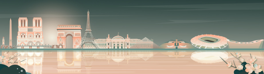 巴黎奥运会城市地标建筑横版夜景插画