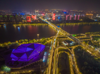 夏季沈阳青年大街五里河盛京大剧院航拍夜景