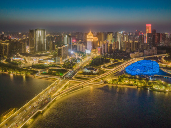 夏季辽宁沈阳青年大街五里河浑河桥航拍夜景