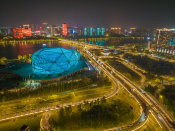 夏季沈阳青年大街五里河盛京大剧院航拍夜景