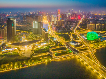 夏季辽宁沈阳青年大街五里河浑河桥航拍夜景
