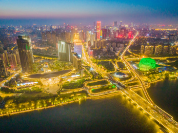 夏季辽宁沈阳青年大街五里河浑河桥航拍夜景