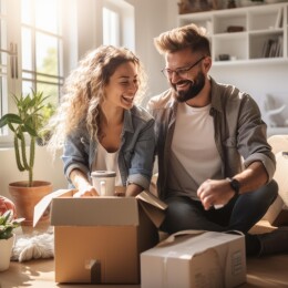 一对夫妇正在拆箱并开怀大笑