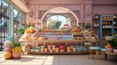 一幅描绘了色彩缤纷的杂货店内部的插图