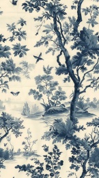 手绘蓝白瓷风格风景墙纸