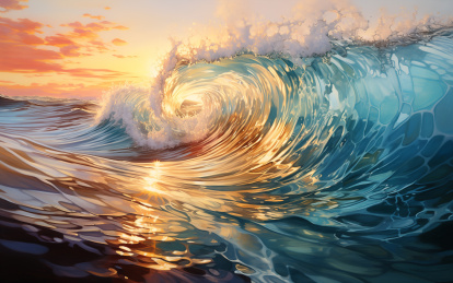 油画插图海面上巨大的海浪