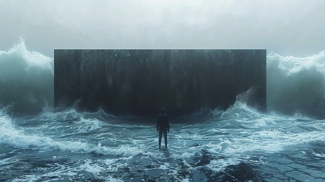 一个人站在大海中央一块巨大的黑色石板前