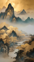 金色主题中国风山水插画