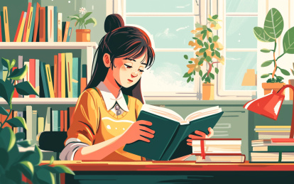 女学生正在学校图书馆认真看书