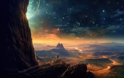 一个人站在山峰上眺望远方