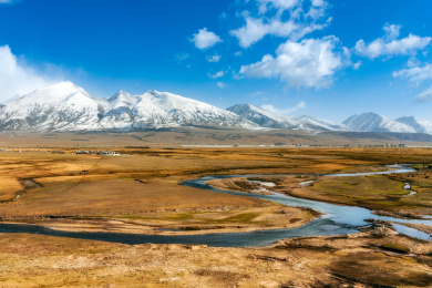 中国西藏念青唐古拉山下的羌塘草原风光
