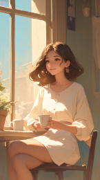 享受咖啡时光的女性,窗边的宁静时刻