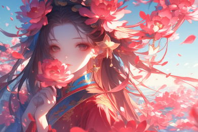 牡丹花中美丽的少女