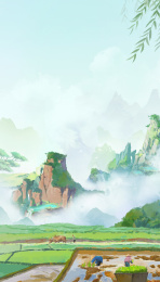 手绘农民在稻田里耕地插秧劳作竖版插画背景