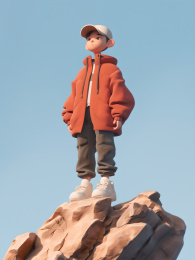 3D卡通徒步旅行爱好者站在山顶