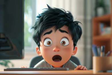 电脑桌前操作电脑面露惊讶的孩子