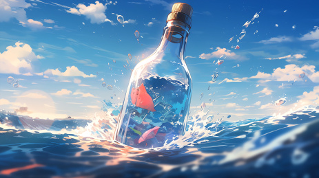手绘卡通海水中的漂流瓶插画