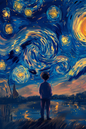 一个小男孩仰望星空插画