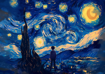 一个小男孩仰望星空插画