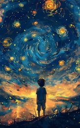 一个小男孩仰望星空插画