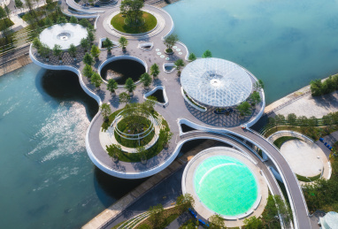 中国四川成都锦江上交子人行桥航拍图