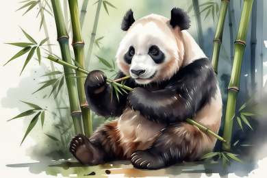 一只可爱的熊猫在吃竹子水彩插画