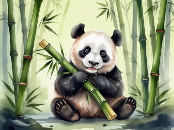 一只可爱的熊猫在吃竹子水彩插画