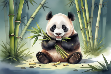 一只可爱的熊猫在吃竹子水彩插画