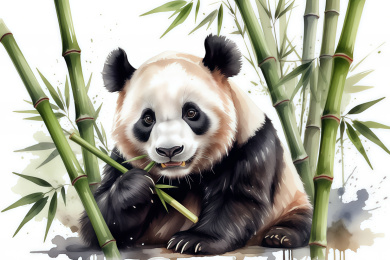 一只可爱的熊猫在吃竹子水彩插画