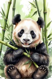 一只可爱的熊猫在吃竹子水彩插画