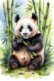 一只可爱的熊猫在吃竹子水彩插画