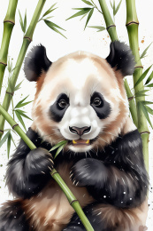 一只可爱的熊猫在吃竹子水彩插画
