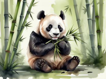 一只可爱的熊猫在吃竹子水彩插画