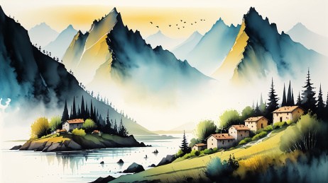 高山下小河边的民居水彩画