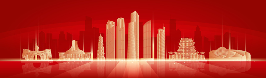 红色南宁城市地标建筑金色剪影矢量插画