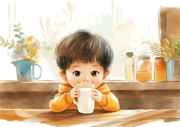 一个小男孩正在吃早餐喝牛奶